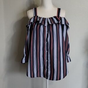 Janet Chung Blue Red White Striped Size Large Button down open shoulder